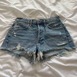 Agolde Blue Distressed Jean Shorts with Frayed Hem